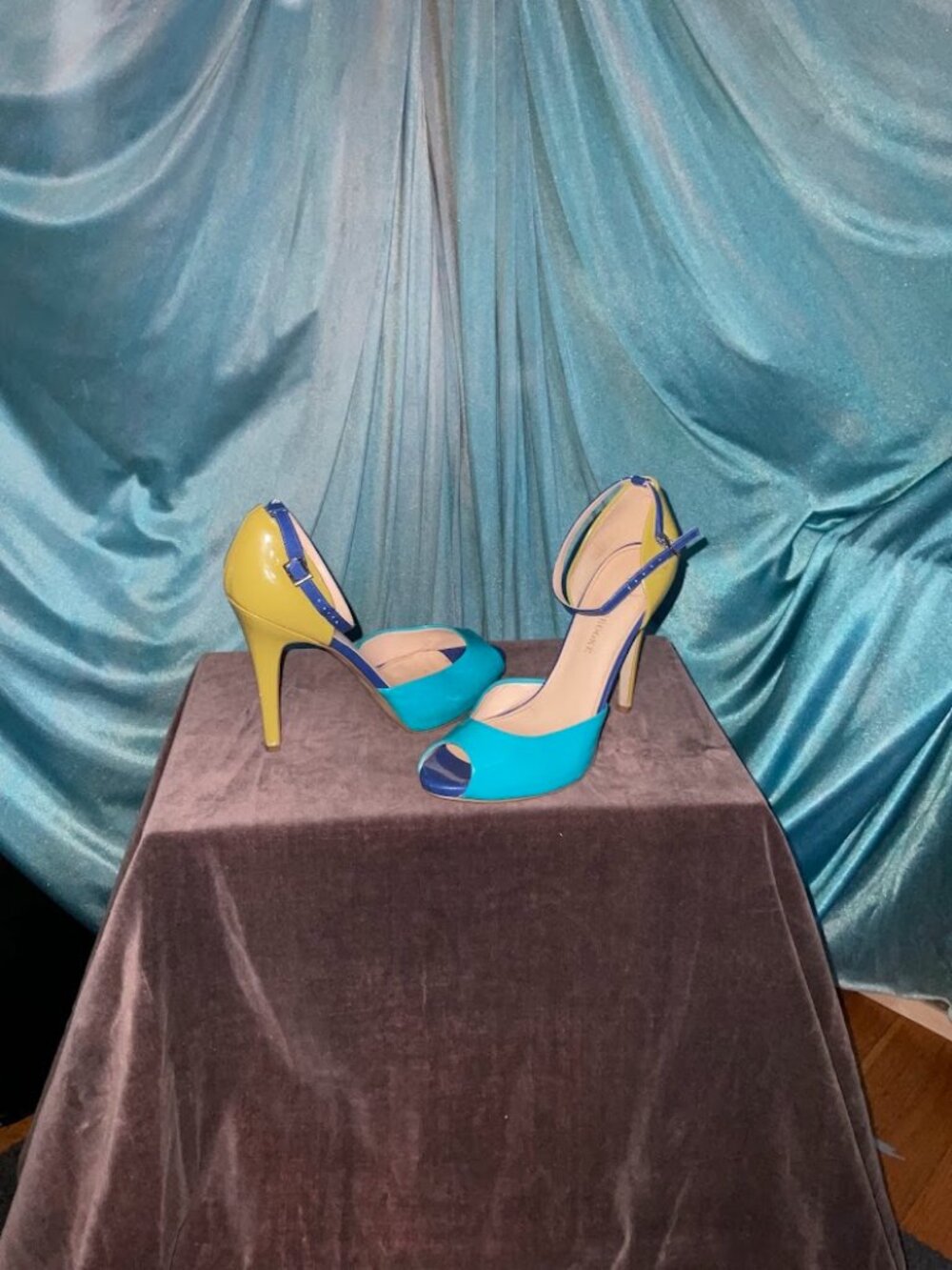 Audrey Brooke Colorblock Peep Toe Ankle Strap Heels Blue Green